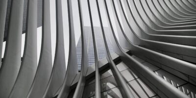 A beautiful black and white upshot of New York City Subway's WTC Cortlandt station also known as Oculus